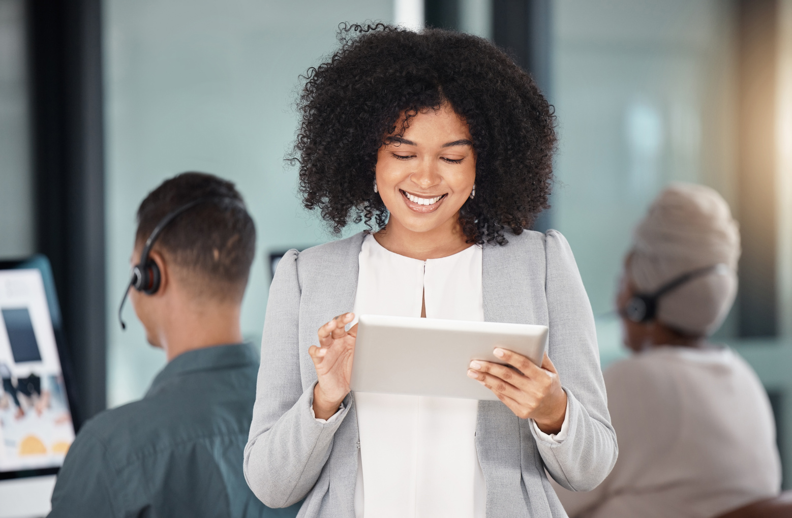 Call Center, Tablet and Business Woman Smile for Customer Service, Support or Telemarketing. Technology, Sales Agent and African Female Consultant Working at Help Desk for Crm, Email and Advisory App